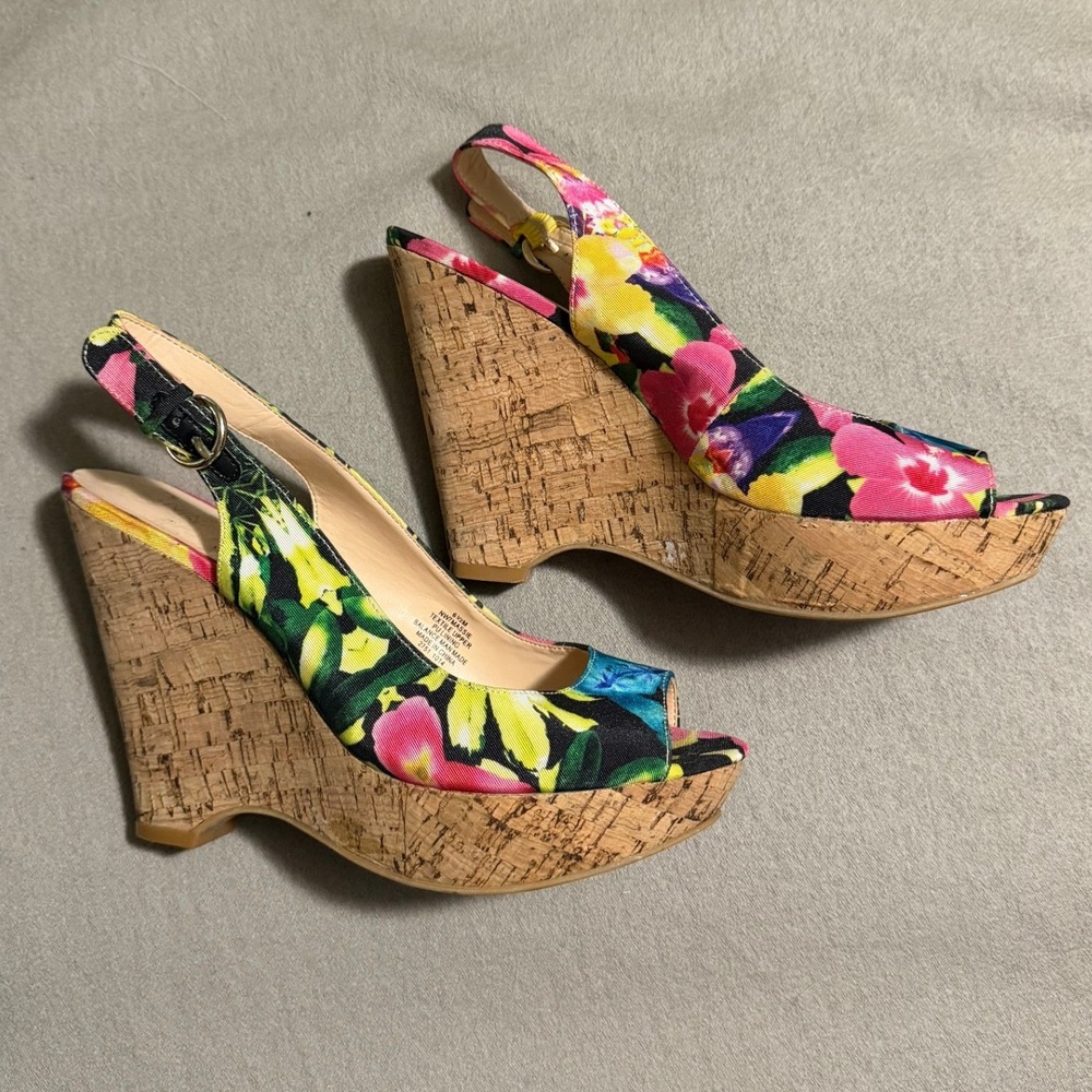Nine West Massie Floral Cork Wedge Slingback Sandals Multicolor Peep Toe 6.5M